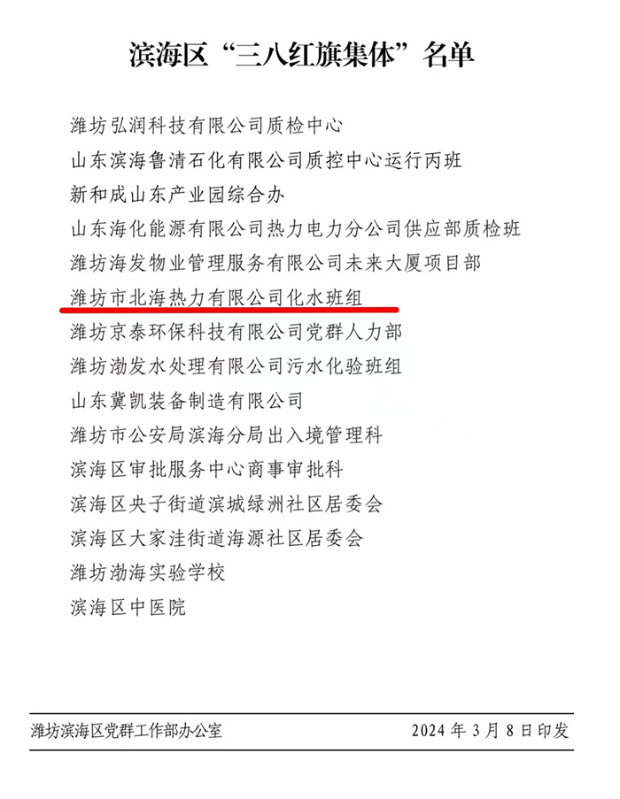 北海热力化水班组荣获滨海区三八红旗集体荣誉称号